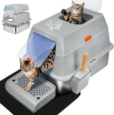 Котловий туалет SZEETECH для котів, великий XXL, нержавіюча сталь з кришкою, з лопаткою, килимком та підставкою, сірий