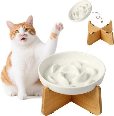 Антислизький годівниця для котів з кераміки з металевим підставкою - Підвищена годівниця проти захлинування - Лабіринтова миска для повільного годування - Рожевий (миска + бамбук - білий)