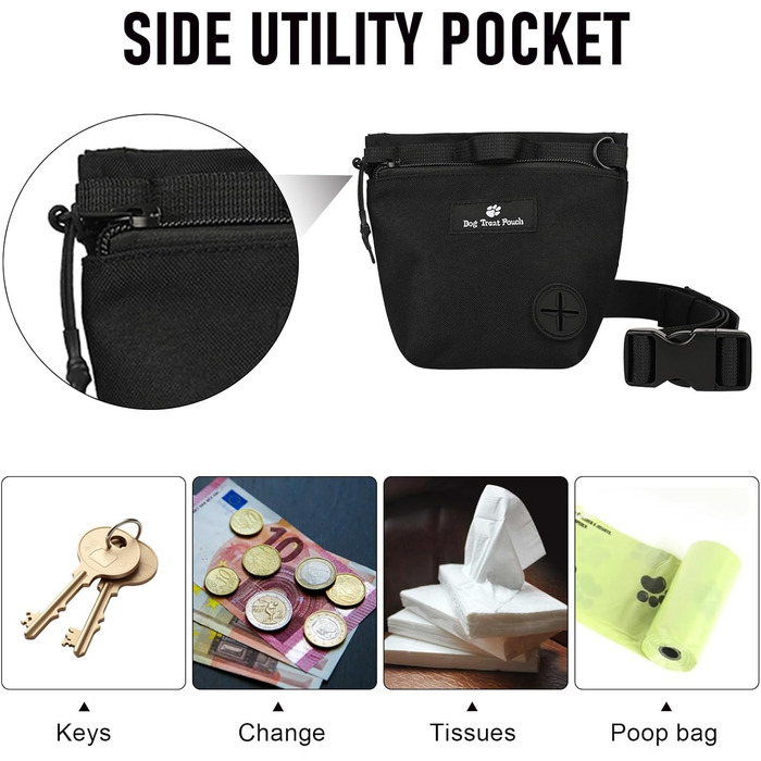 Сумка для ласощів для собак з магнітною застібкою та регульованим поясом, навчальна сумка, портативна сумка для перекусів для прогулянок на відкритому повітрі (Чорний, принт з тваринами)