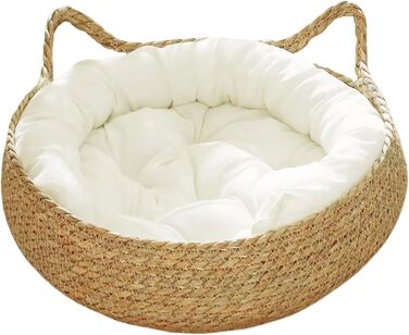 Кігтеточка-ліжко для котів з соломи та м'яким подушкою, 43 см, зручне ліжко для кошенят, ліжко для котів + біле подушко + об'ємні подушки