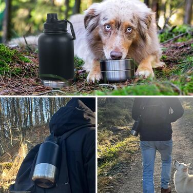 32oz (950 мл) Багатофункціональна пляшка для собак: поїльник, миска для їжі та води, з нержавіючої сталі 304, ізольована, для подорожей, активного відпочинку та прогулянок