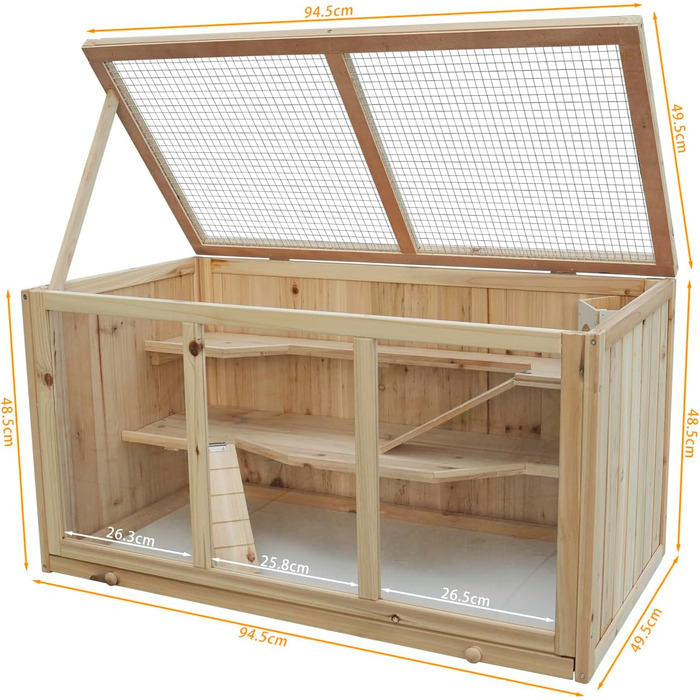 Клітка для хом'яка з сосни, 94,5 x 48,5 x 49,5 см, з платформами, драбиною та будиночком