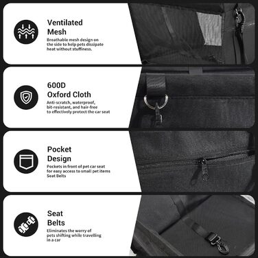 Автомобільний сидіння для собак - чорний, з Oxford тканини, дихаючий, знімне, для собак маленьких та середніх порід