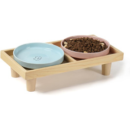 Миска для котів плоска керамічна з дерев'яною підставкою, піднята станція для годування з 2 керамічними мисками, миска для котів, діаметр миски 16 см для їжі та води, рожева & блакитна, блакитно-рожева