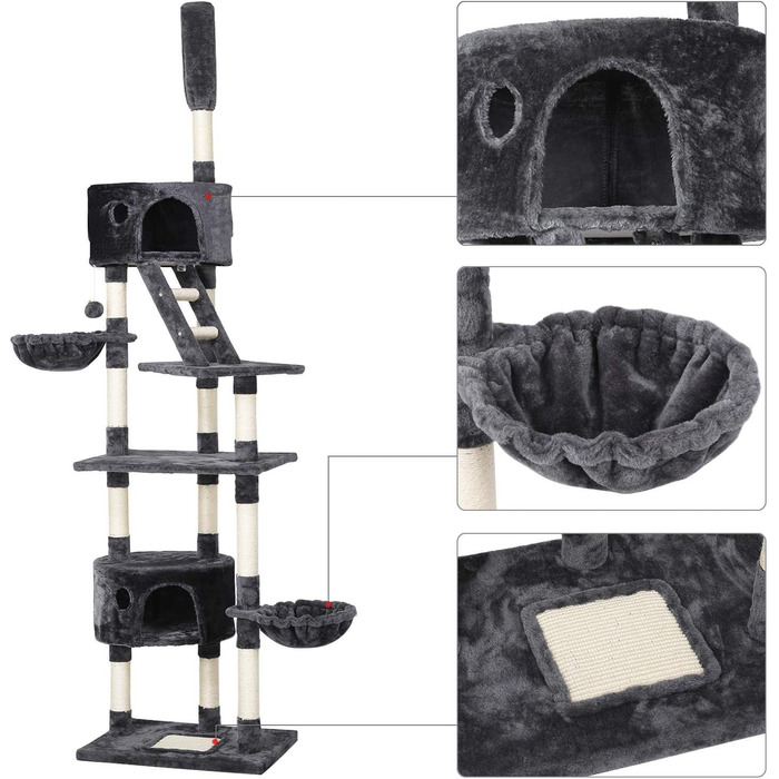Yaheetech Котячий дряпак XXL, регульований, 228-255 см, 2 будиночки, кошик, сизаль, темно-сірий