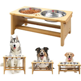 Підвищені годівниці для собак HTB, бамбук, 2 нержавіючі миски, 44x24x18 см, 18 см висота, для собак середніх та великих порід