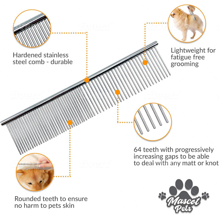 Професійний гребінець для догляду за шерстю собак та котів, нержавіюча сталь, 19,1 см