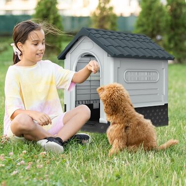 Будка для собак Aufun, пластикова, сіра, 65x56.5x67 см, M, для вулиці та дому, водонепроникна, ізольована