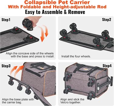 Тролей для собак VEVOR, розкладний, до 15,8 кг, з сумкою для зберігання, 4 колеса, з оксфорду 600D, сірий, ідеальний для подорожей