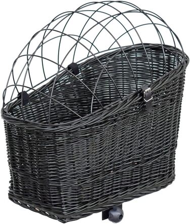 Корзина для собак на велосипед – ручної плетіння з лози, з ґратчастою кришкою, кріпленням для багажника та знімним подушечкою. Розмір: 60 x 39 x 50 см, колір чорний (венге), XL