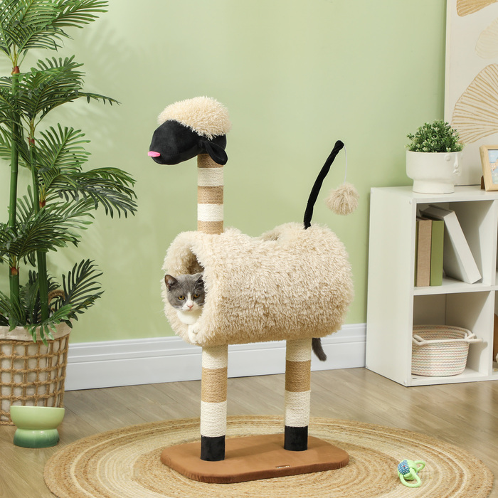 PawHut Cat Tree 98 см Cat Tree з кігтеточкою, тунель, ігровий м'яч, кігтеточка для кішок в дизайні Sheep, для кішок до 5 кг, світло-коричнева | Аосом