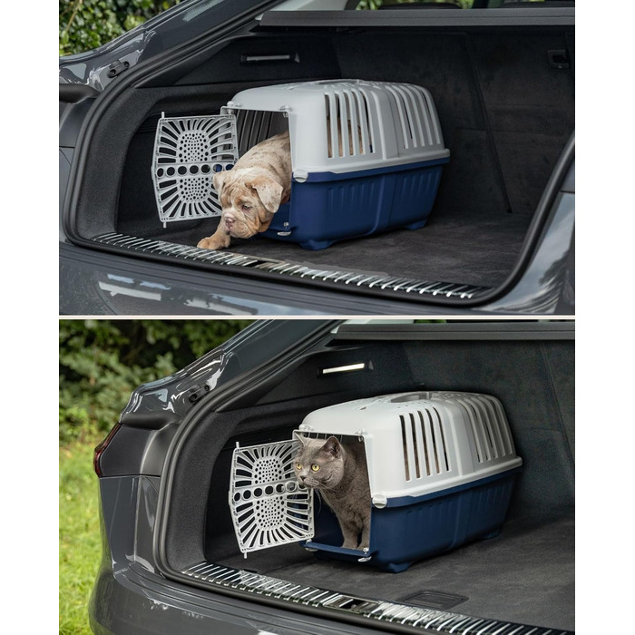 Транспортна переноска для собак Lionto з міцного переробленого пластику, 55x36x36 см, з надійним замком та ручкою для перенесення, підходить для котів та дрібних тварин, для тварин до 15 кг, сірий колір (Темно-синій, Д 48 x Ш 32 x В 33 см)