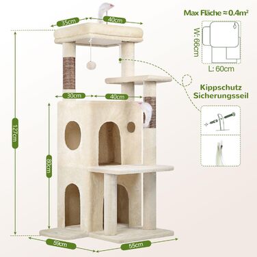 Дерев'яний комплекс для котів Globlazer з будиночком, платформами та іграшками, 127 см, бежевий (XL)