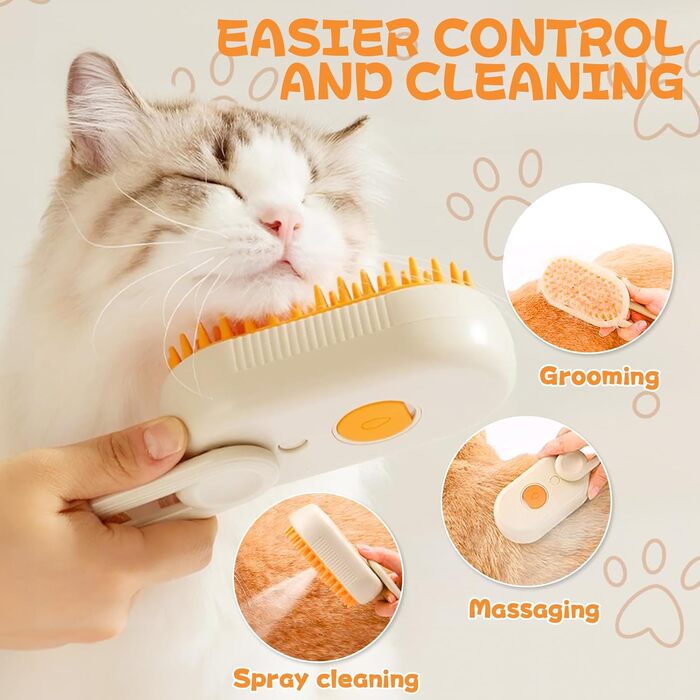 Парова щітка для котів Katzen, 2025 гребінець з розпилювачем, 3-в-1, самоочисна щітка для шерсті котів, домашніх тварин, собак, акумуляторна щітка для шерсті котів