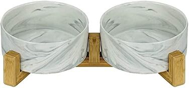 Миски для собак SP SEMPRE з кераміки з бамбуковими підставками, набір з двох мисок (13,5 см, білий мармур)