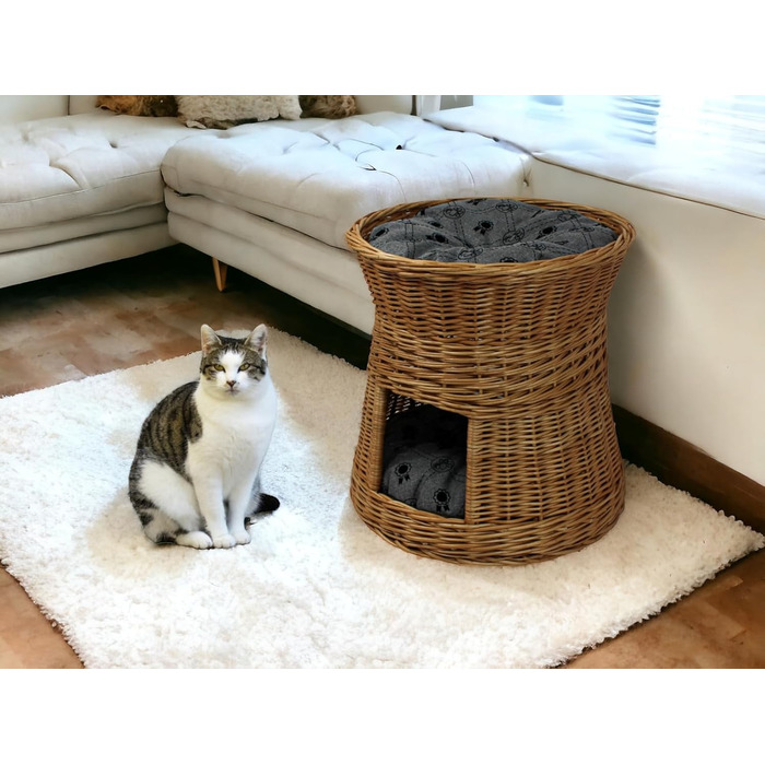 Кошик-будиночок для кота з лози, двоповерхове котяче ліжко 47 см, натуральна верба, з подушкою, для котів і собак, колір світло-сірий