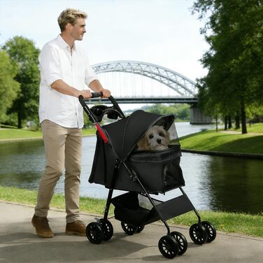 Дитяча коляска для собак та котів Homewell, складана, до 20 кг, з ременями, вантажний відсік та тримач для напоїв (Чорний)