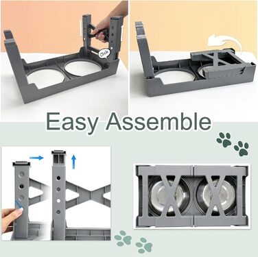 Підвищена годівниця для собак з регулюванням висоти (8-31 см), 2 миски з нержавіючої сталі та 1 миска для повільного годування, антиковзаюча, BPA-free пластик (сіра)