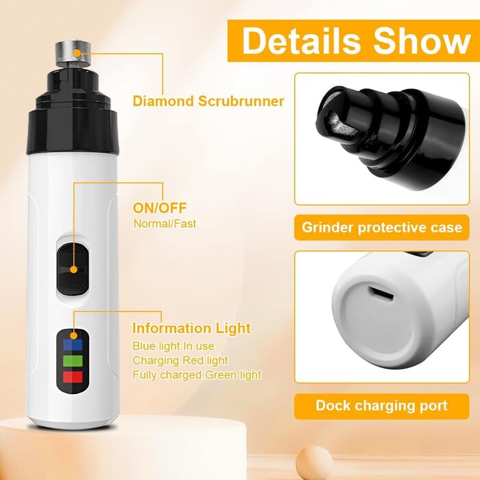 Електричний точило для собачих кігтів Silent Diamond Bit - безпечна електрична пилка для собак з 3 насадками, USB, 2 швидкості