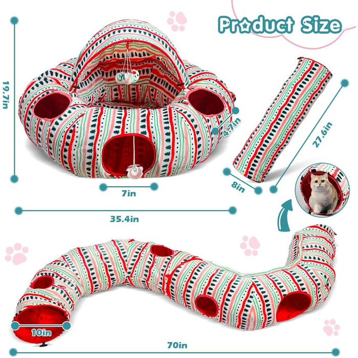 Котячий тунель-ліжко Donut із 4 підвішеними м'ячиками та 6 отворами, інтерактивна ігрова печера для котів у приміщенні, різдвяний дизайн