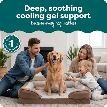 Крісло-ліжко для собак великих порід Furhaven з піною з пам'яті, знімний, пральний чохол, до 81,6 кг, ультра м'яке штучне хутро та люкс велюр, контурний матрац, XXXL (піна з охолоджуючого гелю), 102 x 81 x 24 см, хвилястий велюр, колір: коричневий камінь.