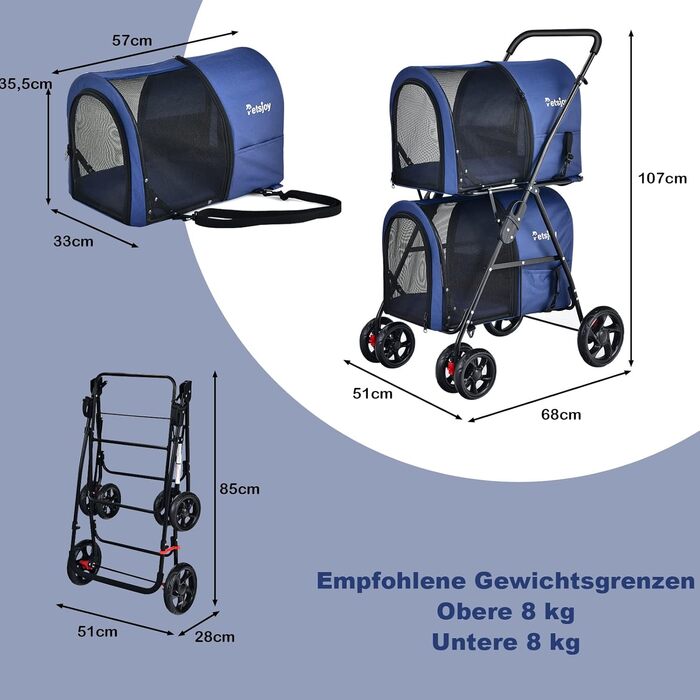 Візок для тварин GOPLUS 2-в-1: для кота та собаки, з відкидною конструкцією, 2 гальма, знімні кишені, блакитний