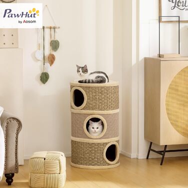 Кігтеточка PawHut для котів, 79 см, 3 яруси, з сизалевим мотузком, плюшева котяча печера, кігтешкребок для великих котів, бежево-коричневий, 45L x 45B x 79H см, з внутрішнім отвором