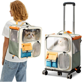 PETCUTE Рюкзак для собак з візком, 2-в-1, рюкзак для котів великих порід з колесами, дихаючий рюкзак-переноска для собак з вийманим килимком, складаний рюкзак для тварин для цуценят Бежевий+Зелений