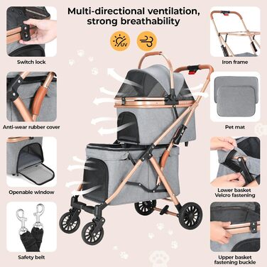 MAMIZO Подвійний візок для собак, переноска для тварин до 15 кг, складний двоярусний візок для собак, котячий візок на 2 яруси з 4 зносостійкими колесами PU, переносна сумка для собак (Сірий)