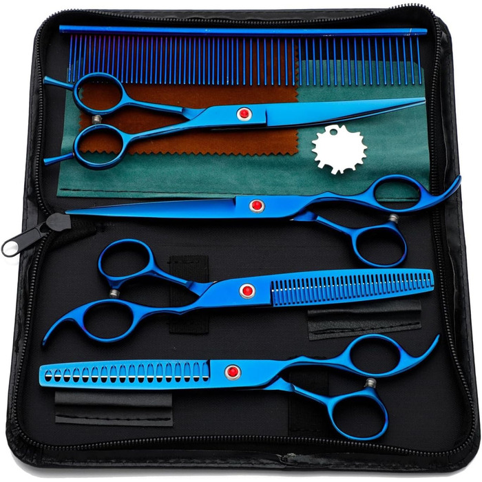 Набір для грумінгу собак та котів, професійний 5-в-1, з витончувальним ножем, вигнутими та прямими ножицями, гребінцем, нержавіюча сталь 440C