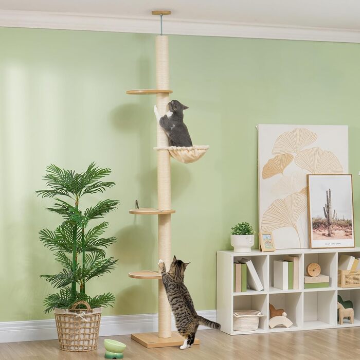 Котячий дряпак PawHut, стельовий, 230-250 см, з гамаком, регульована висота, захист від перекидання, плюш, дуб/кремовий колір