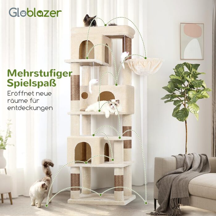 Дерев'яний комплекс для котів Globlazer з 3 будиночками, 5 сизалевими стовпчиками, платформою та іграшками, 168 см, бежевий