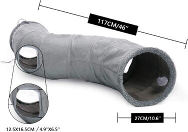 Складаний тунель для котів PAWZ Road з м'ячиком, іграшка-тунель для кошенят, цуценят, кроликів та дрібних тварин, сірий, S-подібний (Розмір S)