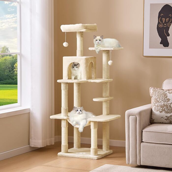 Кігтеточка для котів MSmask велика, багатоярусна, з гамаком та будиночками (150 см, бежева)
