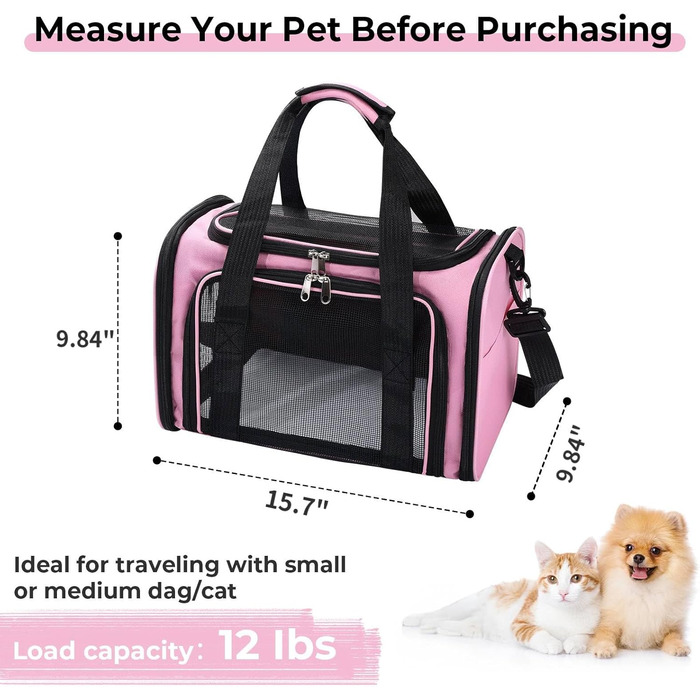 Транспортна переноска для кота та собаки до 5.5 кг, рожева, 40x25x25 см