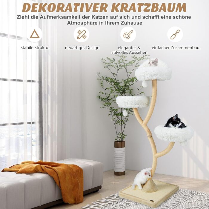 Дерев'яна кігтеточка для котів COSTWAY 178 см з 3 лежаками, іграшками та сизалевими стовпчиками, велика, з металевим каркасом, бежева