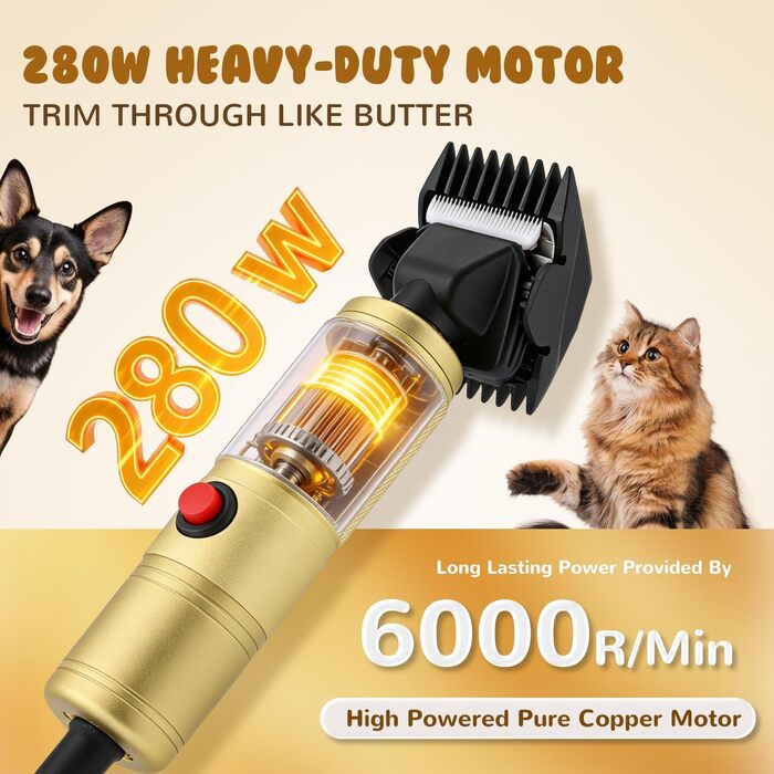 Машинка для стрижки собак CGOLDENWALL Професійна 280W, 2000-6000 об/хв, Низький рівень шуму (<50дБ), 3м кабель, 2 керамічні насадки, для собак, котів та всіх типів шерсті (Золотий)