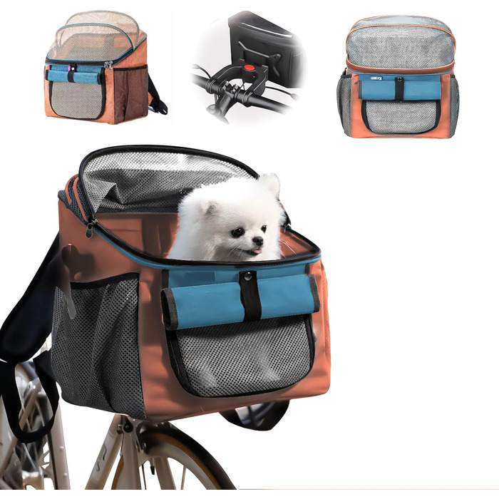 Велокорзина для собак, переноска для тварин на велосипед, переноска для собак на переднє кріплення, 5 кг, дихаюча, з адаптером для керма, для їзди та кемпінгу (Помаранчевий)
