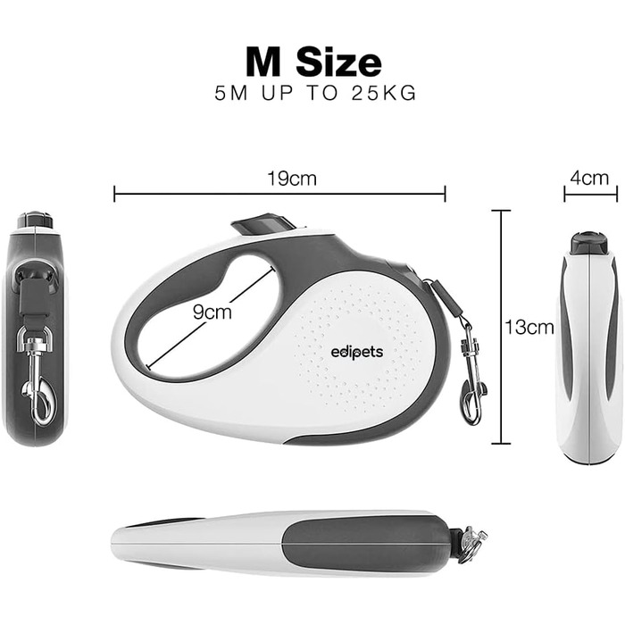Рулетка для собак Edipets, висувна, нейлон, 5 м, 360°, для малих, середніх та великих собак (біла, M)
