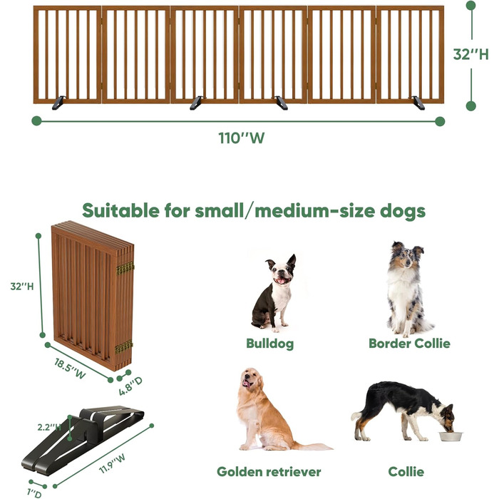 Гілка для собак з бамбука, перегородка для кімнати, 3 панелі, білий колір. Розміри: 55'' (ширина) та 113'' (ширина), висота 32''