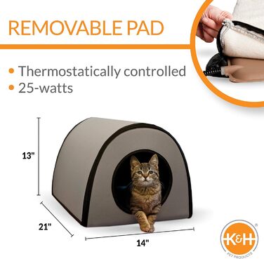 K&H Pet Products Термобудиночок для котів, утеплений, водонепроникний, з підігрівом, для вулиці, знімний чохол, безпечний, малий, 53,3×35,6×33 см, сірий