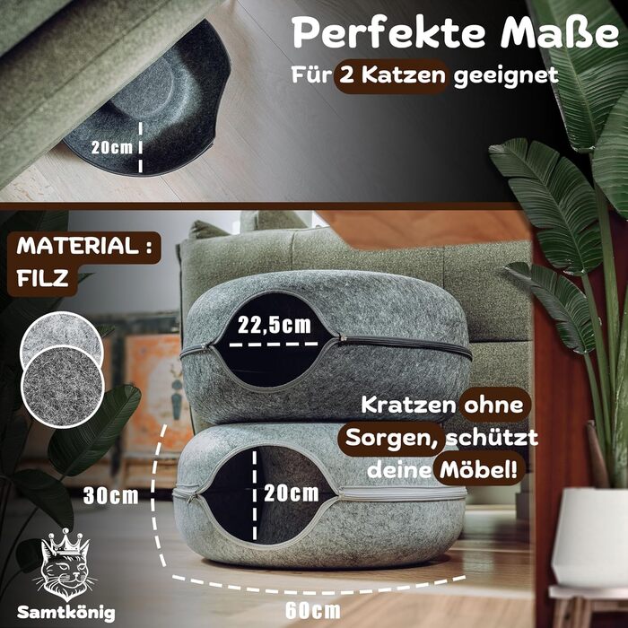 Samtkönig® Котяча лежанка-домік з фетру, тунель-донат 60x60x30 см, м'яке ліжко для котів з знімним чохлом, пухка лежанка для котів, тунель для ігор та сну