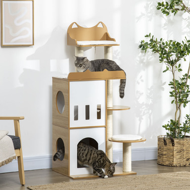 PawHut Cat Tree, 133 см, кігтеточка для кішок Cat Tree з 2 котячими печерами, зі стеблами для подряпин, подушками, м'яч, меблі для кішок, кімнатна, дуб+біла | Аосом
