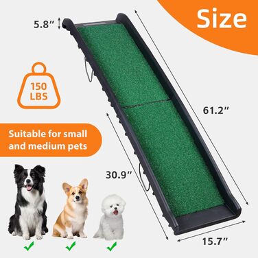 Рампа для собак у машину, вантажівку, SUV: трав'яна підкладка, 155 см, антиковзаюча, для великих собак
