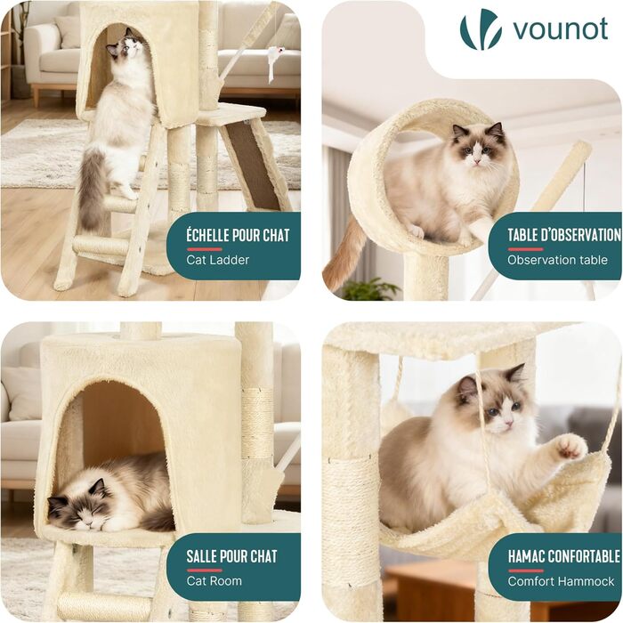 Кігтеточка для котів Vounot® - багатоярусна кігтеточка з платформами, печерею та іграшками, 112 см, бежева