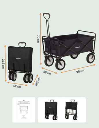 LifeGoods Фарбована візок-тачка, складаний садовий/пляжний візок, чорний – 98x45 см, 94L
