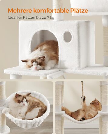 Котячий комплекс Feandrea 206 см, 13 стовпчиків, 2 платформи, 2 будиночки, кошик, гамак, канат, плюш, багаторівневий для домашніх котів, кремовий PCT190T01