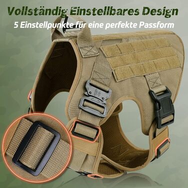 Шлейка для собак Rabbitgoo великих порід, без натягу, тактична з MOLLE, металеві пряжки, дихаюча, військова, регульована, з підкладкою, L (XL, 1 шт.), коричнева