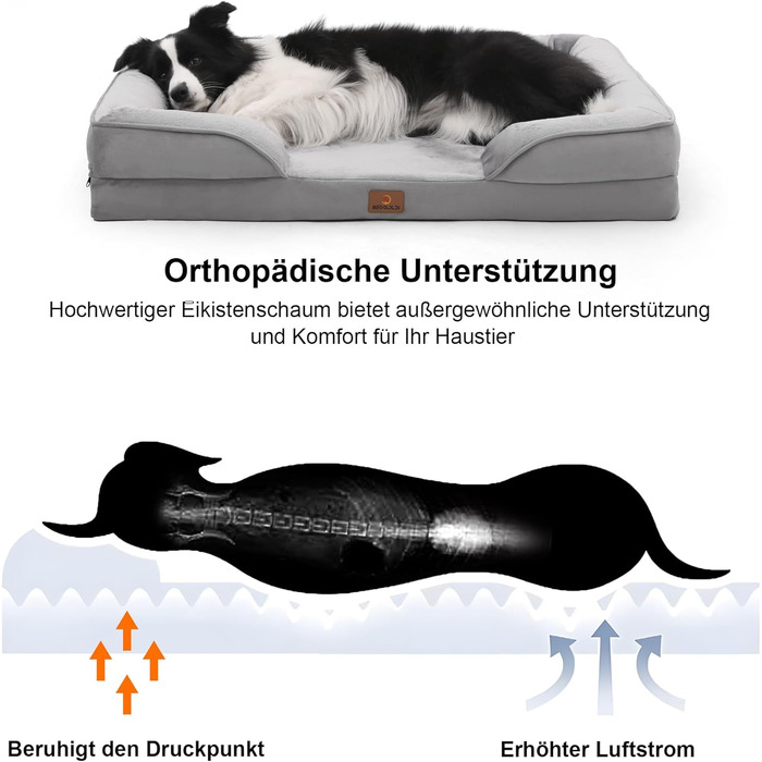 Ортопедичне ліжко для собак великих порід, ергономічне софа з піною у формі яйця, вологостійке, неслизьке ліжко для собак 97x71см, світло-сірий, L 97 x W 71 x H 17 см