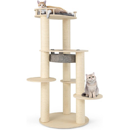 Кігтеточка для котів Costway 6-ярусна з гамаком та лежанками, сіра+натуральний колір, 66x66x150 см